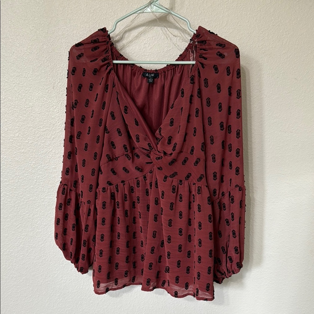 AUW Red and Black Long Sleeve Ruched Peplum Blouse